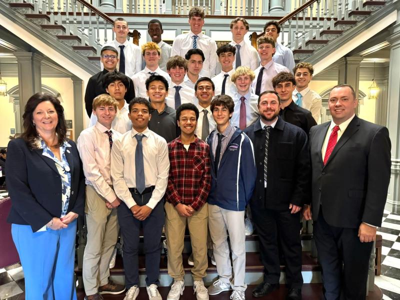 The Sussex Academy boys’ soccer team was recognized by Rep. Valerie Jones Giltner, R-Georgetown, and Sen. Brian Pettyjohn, R-Georgetown, right, in the General Assembly March 13. SUBMITTED PHOTO